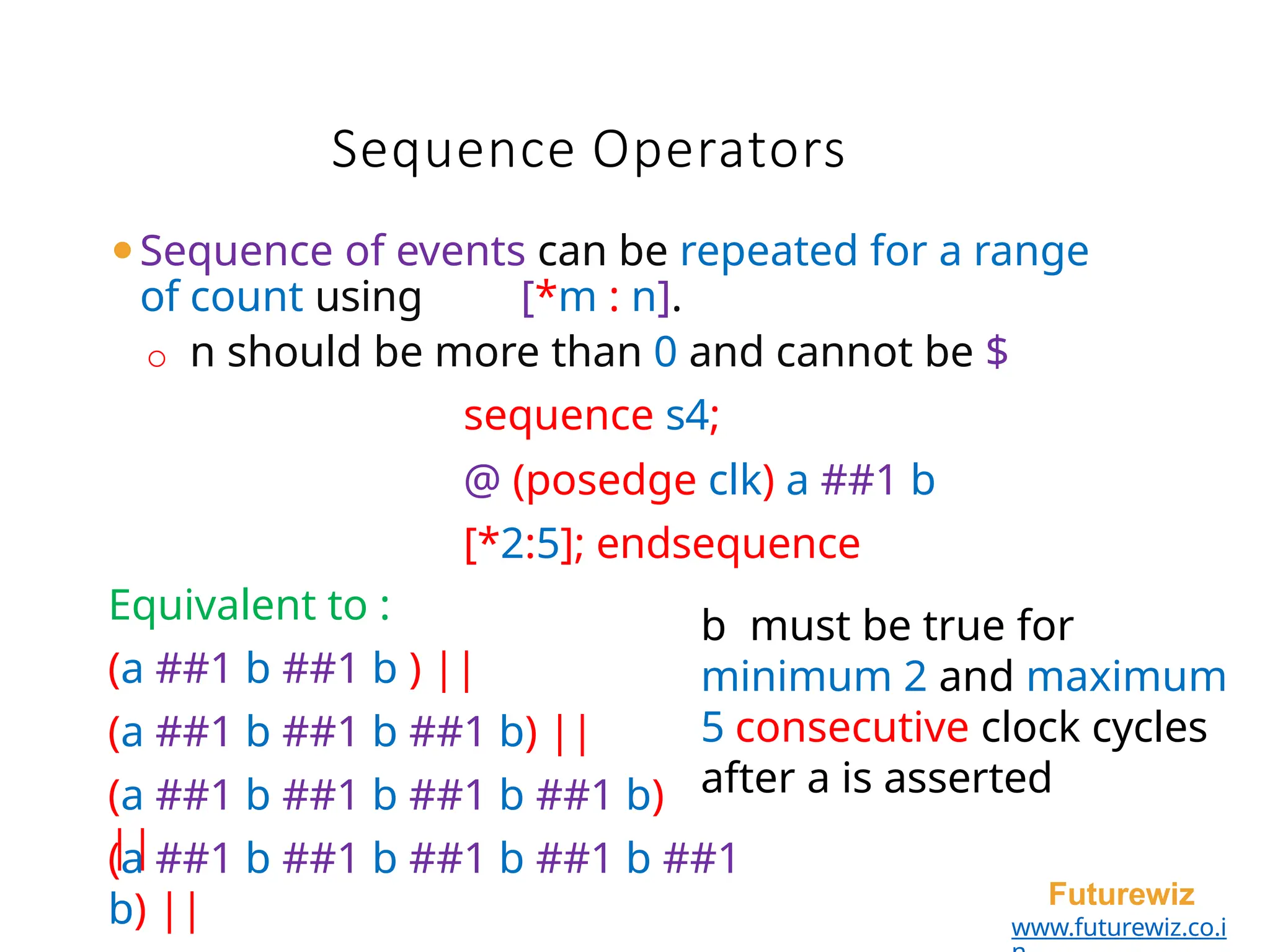 ⚫Sequence of events can be repeated for a range
of count using [*m : n].
o n should be more than 0 and cannot be $
sequence s4;
@ (posedge clk) a ##1 b
[*2:5]; endsequence
Futurewiz
www.futurewiz.co.i
Equivalent to :
(a ##1 b ##1 b ) ||
(a ##1 b ##1 b ##1 b) ||
(a ##1 b ##1 b ##1 b ##1 b)
||
(a ##1 b ##1 b ##1 b ##1 b ##1
b) ||
Sequence Operators
b must be true for
minimum 2 and maximum
5 consecutive clock cycles
after a is asserted
 