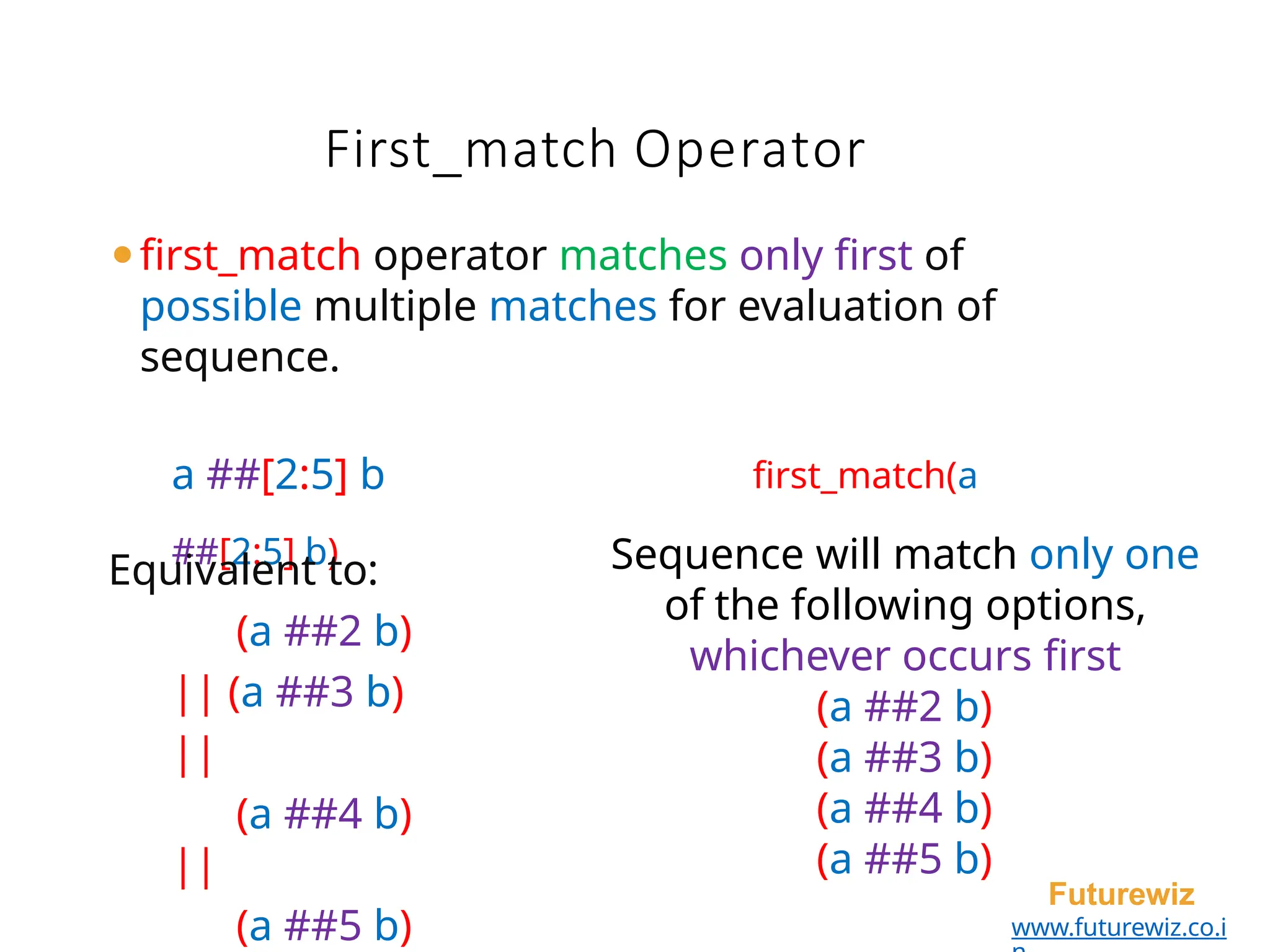 First_match Operator
Futurewiz
www.futurewiz.co.i
⚫first_match operator matches only first of
possible multiple matches for evaluation of
sequence.
a ##[2:5] b first_match(a
##[2:5] b)
Equivalent to:
(a ##2 b)
|| (a ##3 b)
||
(a ##4 b)
||
(a ##5 b)
Sequence will match only one
of the following options,
whichever occurs first
(a ##2 b)
(a ##3 b)
(a ##4 b)
(a ##5 b)
 