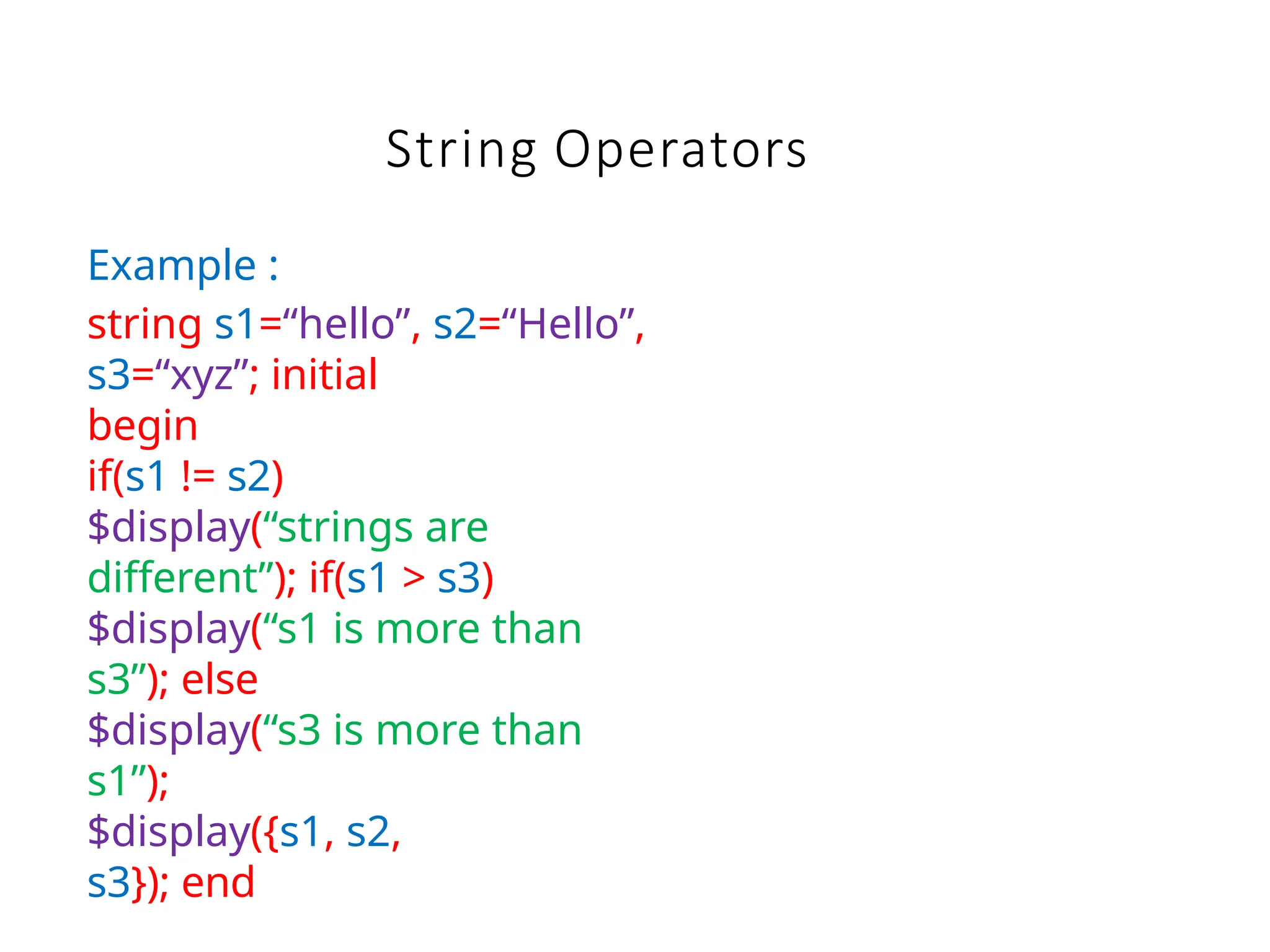 String Operators
Example :
string s1=“hello”, s2=“Hello”,
s3=“xyz”; initial
begin
if(s1 != s2)
$display(“strings are
different”); if(s1 > s3)
$display(“s1 is more than
s3”); else
$display(“s3 is more than
s1”);
$display({s1, s2,
s3}); end
 