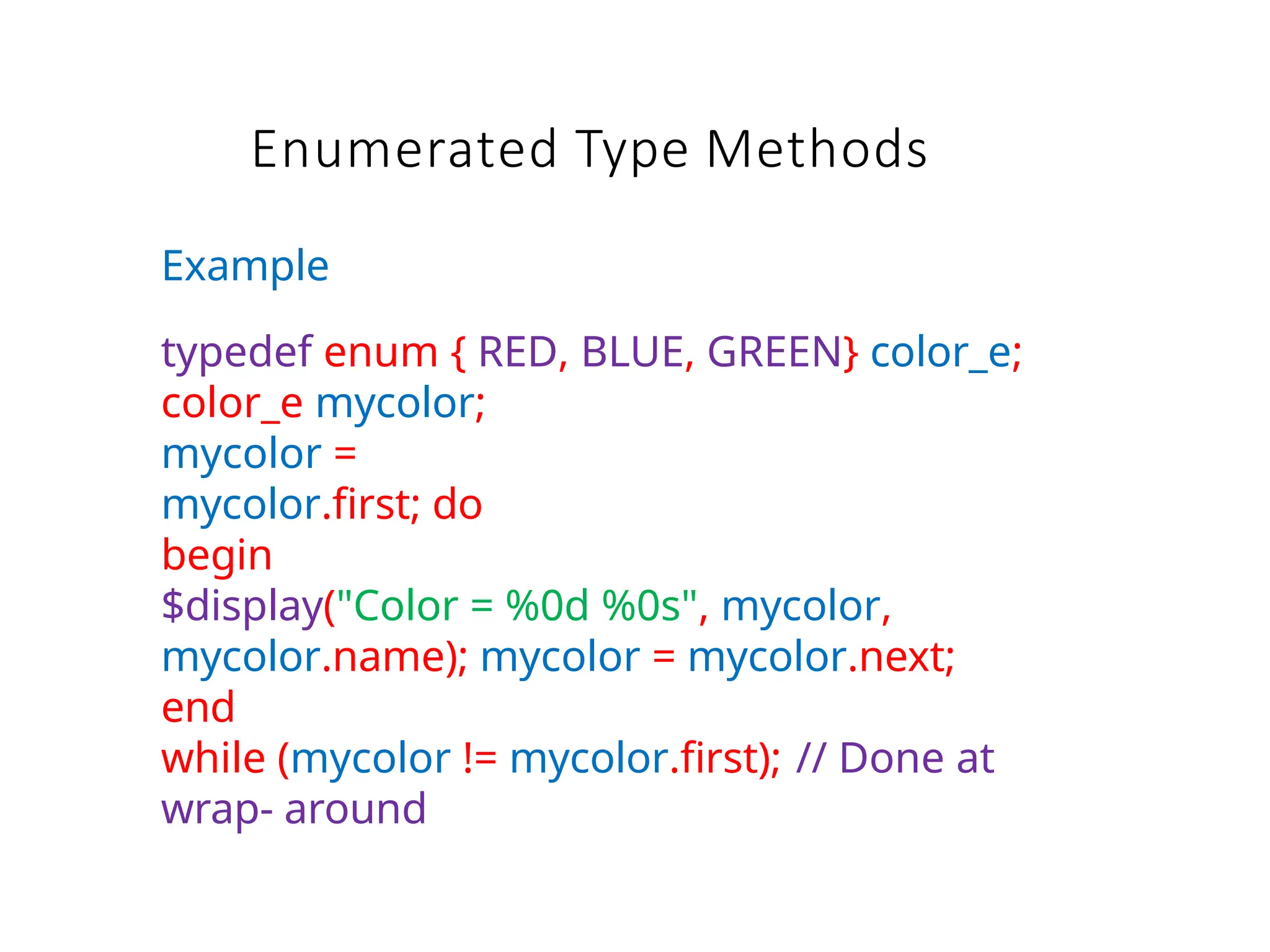 Enumerated Type Methods
Example
typedef enum { RED, BLUE, GREEN} color_e;
color_e mycolor;
mycolor =
mycolor.first; do
begin
$display("Color = %0d %0s", mycolor,
mycolor.name); mycolor = mycolor.next;
end
while (mycolor != mycolor.first); // Done at
wrap- around
 