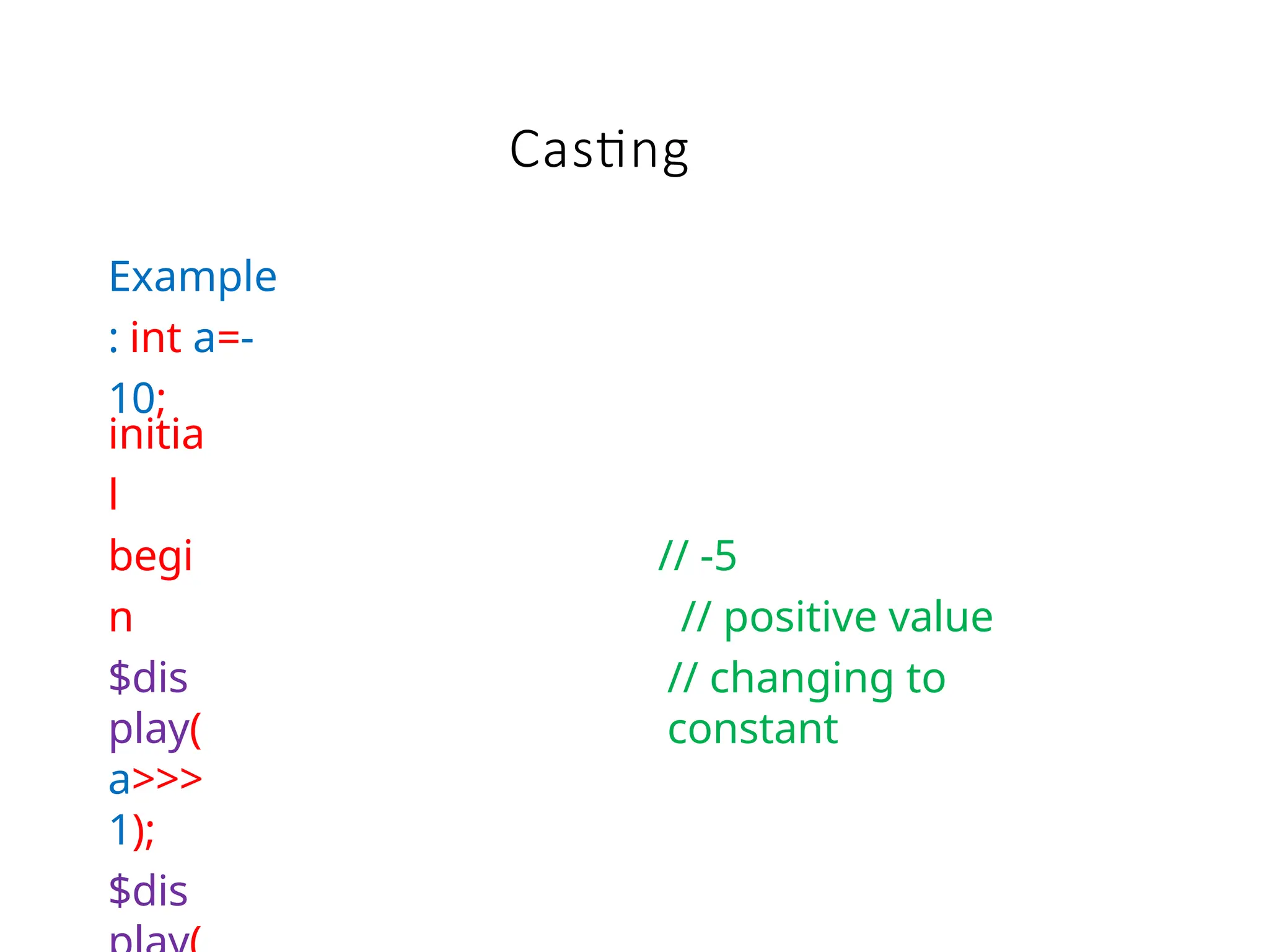 Casting
Example
: int a=-
10;
initia
l
begi
n
$dis
play(
a>>>
1);
$dis
// -5
// positive value
// changing to
constant
 