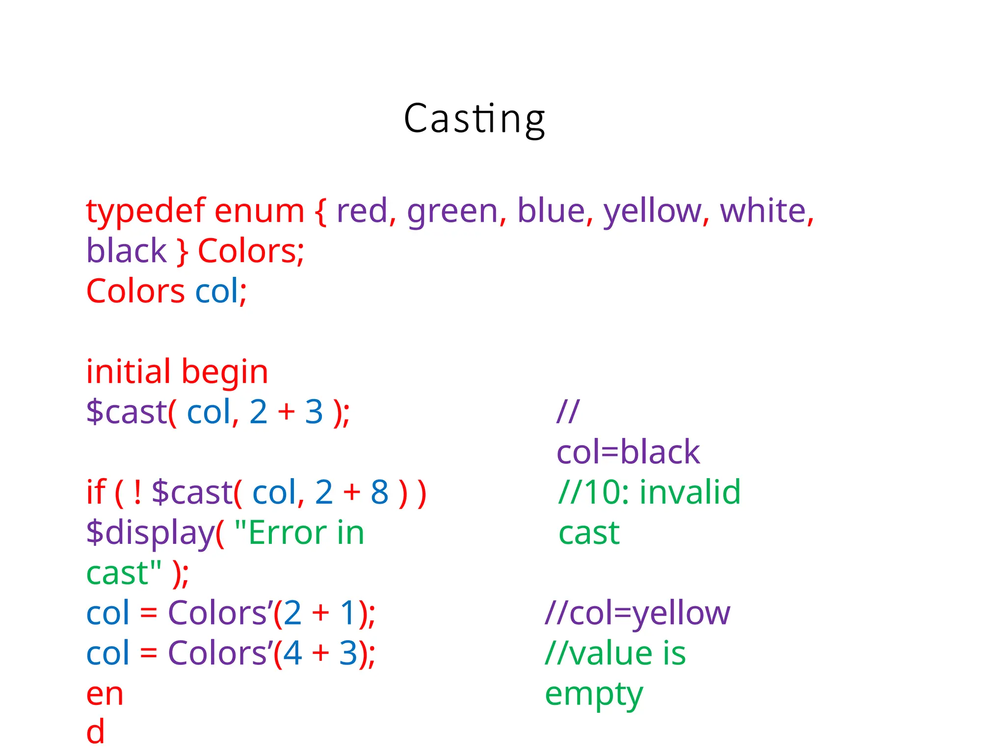 Casting
en
d
typedef enum { red, green, blue, yellow, white,
black } Colors;
Colors col;
initial begin
$cast( col, 2 + 3 ); //
col=black
if ( ! $cast( col, 2 + 8 ) )
$display( "Error in
cast" );
//10: invalid
cast
col = Colors’(2 + 1);
col = Colors’(4 + 3);
//col=yellow
//value is
empty
 