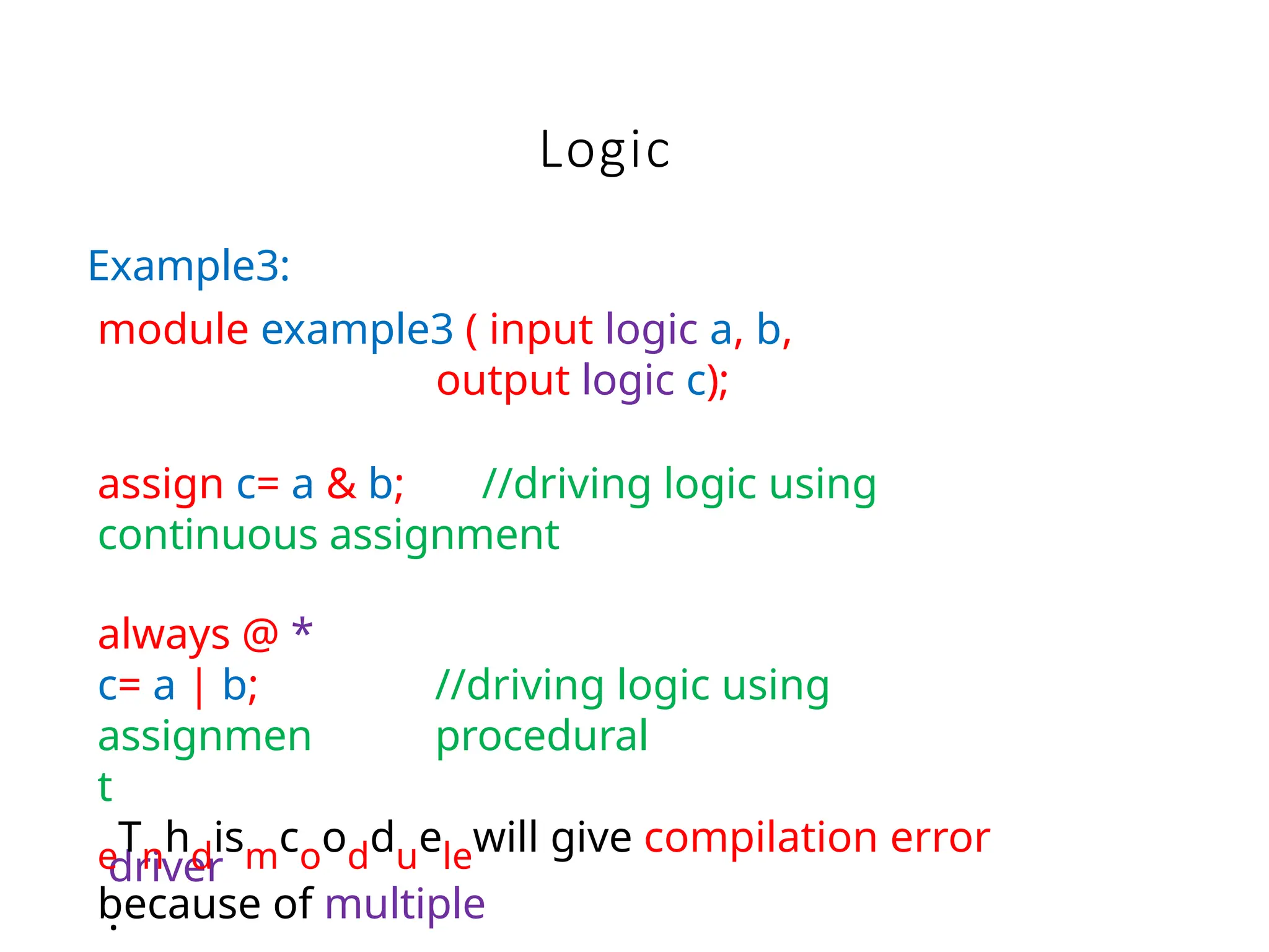 Logic
driver
.
Example3:
module example3 ( input logic a, b,
output logic c);
assign c= a & b; //driving logic using
continuous assignment
always @ *
c= a | b;
assignmen
t
//driving logic using
procedural
eTnhdismcoodduelewill give compilation error
because of multiple
 