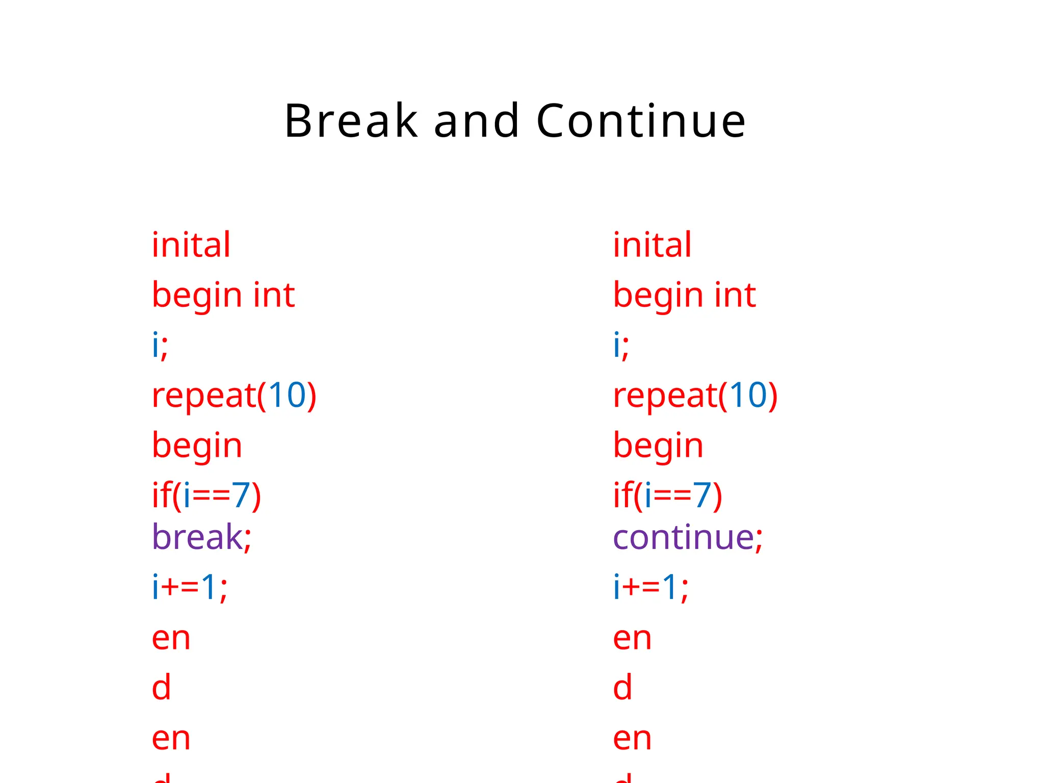 Break and Continue
inital
begin int
i;
repeat(10)
begin
if(i==7)
break;
i+=1;
en
d
en
inital
begin int
i;
repeat(10)
begin
if(i==7)
continue;
i+=1;
en
d
en
 