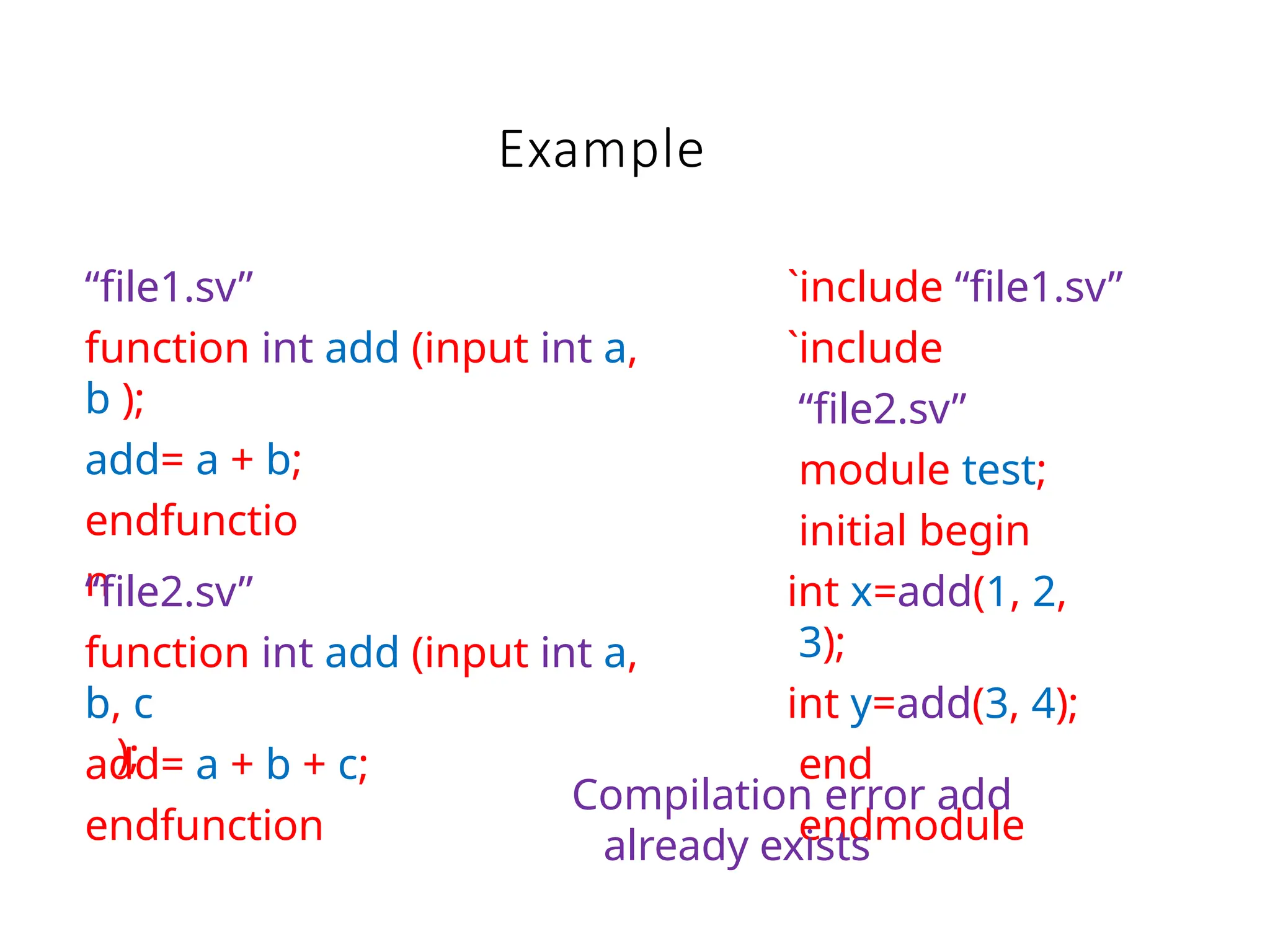 Example
“file1.sv”
function int add (input int a,
b );
add= a + b;
endfunctio
n
“file2.sv”
function int add (input int a,
b, c
);
add= a + b + c;
endfunction
`include “file1.sv”
`include
“file2.sv”
module test;
initial begin
int x=add(1, 2,
3);
int y=add(3, 4);
end
endmodule
Compilation error add
already exists
 