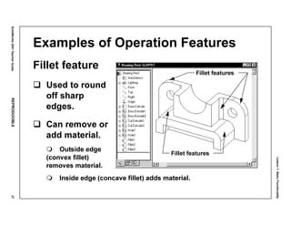 Lesson1:BasicFunctionality
SolidWorks2001TeacherGuideREPRODUCIBLE27
Examples of Operation Features
Fillet feature
Used to round
off sharp
edges.
Can remove or
add material.
Outside edge
(convex fillet)
removes material.
Inside edge (concave fillet) adds material.
Fillet features
Fillet features
 