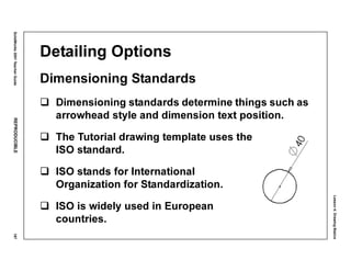 Lesson4:DrawingBasics
SolidWorks2001TeacherGuideREPRODUCIBLE187
Detailing Options
Dimensioning Standards
Dimensioning standards determine things such as
arrowhead style and dimension text position.
The Tutorial drawing template uses the
ISO standard.
ISO stands for International
Organization for Standardization.
ISO is widely used in European
countries.
 