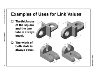 Lesson5:DesignTables
SolidWorks2001TeacherGuideREPRODUCIBLE241
Examples of Uses for Link Values
Thethickness
of the square
and the two
tabs is always
equal.
The width of
both slots is
always equal.
 