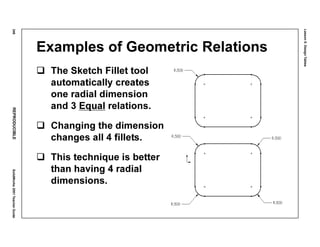 Lesson5:DesignTables
246REPRODUCIBLESolidWorks2001TeacherGuide
Examples of Geometric Relations
The Sketch Fillet tool
automatically creates
one radial dimension
and 3 Equal relations.
Changing the dimension
changes all 4 fillets.
This technique is better
than having 4 radial
dimensions.
 