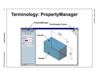 Lesson1:BasicFunctionality
34REPRODUCIBLESolidWorks2001TeacherGuide
Terminology: PropertyManager
PropertyManager
Confirmation Corner
Handle
Preview
 