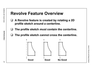 Lesson6:RevolveandSweepFeatures
SolidWorks2001TeacherGuideREPRODUCIBLE277
Revolve Feature Overview
A Revolve feature is created by rotating a 2D
profile sketch around a centerline.
The profile sketch must contain the centerline.
The profile sketch cannot cross the centerline.
Good Good No Good
 