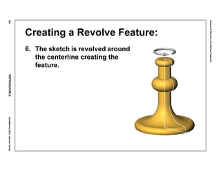 Lesson6:RevolveandSweepFeatures
280REPRODUCIBLESolidWorks2001TeacherGuide
Creating a Revolve Feature:
6. The sketch is revolved around
the centerline creating the
feature.
 
