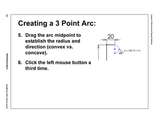 Lesson6:RevolveandSweepFeatures
282REPRODUCIBLESolidWorks2001TeacherGuide
Creating a 3 Point Arc:
5. Drag the arc midpoint to
establish the radius and
direction (convex vs.
concave).
6. Click the left mouse button a
third time.
 