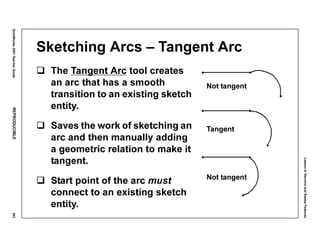 Lesson6:RevolveandSweepFeatures
SolidWorks2001TeacherGuideREPRODUCIBLE283
Sketching Arcs – Tangent Arc
The Tangent Arc tool creates
an arc that has a smooth
transition to an existing sketch
entity.
Saves the work of sketching an
arc and then manually adding
a geometric relation to make it
tangent.
Start point of the arc must
connect to an existing sketch
entity.
Not tangent
Tangent
Not tangent
 