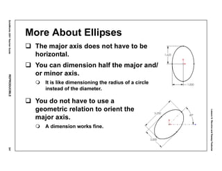 Lesson6:RevolveandSweepFeatures
SolidWorks2001TeacherGuideREPRODUCIBLE291
More About Ellipses
The major axis does not have to be
horizontal.
You can dimension half the major and/
or minor axis.
It is like dimensioning the radius of a circle
instead of the diameter.
You do not have to use a
geometric relation to orient the
major axis.
A dimension works fine.
 
