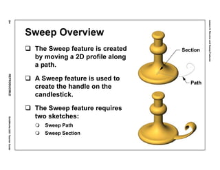 Lesson6:RevolveandSweepFeatures
294REPRODUCIBLESolidWorks2001TeacherGuide
Sweep Overview
The Sweep feature is created
by moving a 2D profile along
a path.
A Sweep feature is used to
create the handle on the
candlestick.
The Sweep feature requires
two sketches:
Sweep Path
Sweep Section
Path
Section
 