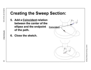 Lesson6:RevolveandSweepFeatures
SolidWorks2001TeacherGuideREPRODUCIBLE299
Creating the Sweep Section:
5. Add a Coincident relation
between the center of the
ellipse and the endpoint
of the path.
6. Close the sketch.
Coincident
 