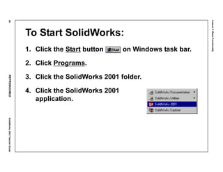 Lesson1:BasicFunctionality
46REPRODUCIBLESolidWorks2001TeacherGuide
To Start SolidWorks:
1. Click the Start button on Windows task bar.
2. Click Programs.
3. Click the SolidWorks 2001 folder.
4. Click the SolidWorks 2001
application.
 