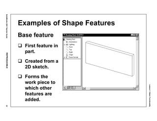 Lesson1:BasicFunctionality
SolidWorks2001TeacherGuideREPRODUCIBLE23
Examples of Shape Features
Base feature
First feature in
part.
Created from a
2D sketch.
Forms the
work piece to
which other
features are
added.
 