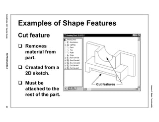 Lesson1:BasicFunctionality
SolidWorks2001TeacherGuideREPRODUCIBLE25
Examples of Shape Features
Cut feature
Removes
material from
part.
Created from a
2D sketch.
Must be
attached to the
rest of the part.
Cut features
 