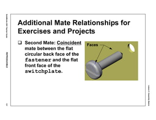 Lesson3:AssemblyBasics
SolidWorks2001TeacherGuideREPRODUCIBLE131
Additional Mate Relationships for
Exercises and Projects
Second Mate: Coincident
mate between the flat
circular back face of the
fastener and the flat
front face of the
switchplate.
Faces
 