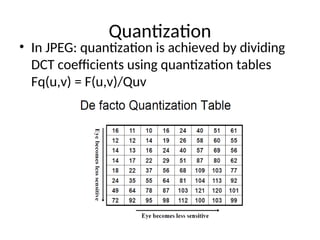 Quantization
• In JPEG: quantization is achieved by dividing
DCT coefficients using quantization tables
Fq(u,v) = F(u,v)/Quv
 