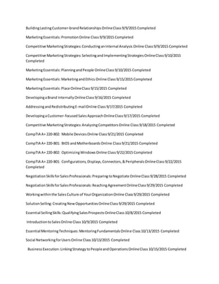 BuildingLastingCustomer-brandRelationshipsOnlineClass9/9/2015 Completed
MarketingEssentials:PromotionOnline Class9/9/2015 Completed
Competitive MarketingStrategies:ConductinganInternal Analysis Online Class9/9/2015 Completed
Competitive MarketingStrategies:SelectingandImplementingStrategiesOnlineClass9/10/2015
Completed
MarketingEssentials:PlanningandPeople OnlineClass9/10/2015 Completed
MarketingEssentials:MarketingandEthics Online Class9/15/2015 Completed
MarketingEssentials:Place OnlineClass9/15/2015 Completed
DevelopingaBrand InternallyOnlineClass9/16/2015 Completed
AddressingandRedistributingE-mailOnline Class9/17/2015 Completed
DevelopingaCustomer-focusedSalesApproachOnlineClass9/17/2015 Completed
Competitive MarketingStrategies:AnalyzingCompetitorsOnline Class9/18/2015 Completed
CompTIA A+ 220-802: Mobile DevicesOnline Class9/21/2015 Completed
CompTIA A+ 220-801: BIOS andMotherboardsOnline Class9/21/2015 Completed
CompTIA A+ 220-802: OptimizingWindowsOnline Class9/22/2015 Completed
CompTIA A+ 220-801: Configurations,Displays,Connectors,&PeripheralsOnlineClass9/22/2015
Completed
NegotiationSkillsforSalesProfessionals:Preparing toNegotiate OnlineClass9/28/2015 Completed
NegotiationSkillsforSalesProfessionals:ReachingAgreementOnlineClass9/29/2015 Completed
Workingwithinthe SalesCulture of YourOrganizationOnline Class9/29/2015 Completed
SolutionSelling:Creating New OpportunitiesOnlineClass9/29/2015 Completed
Essential SellingSkills:QualifyingSalesProspectsOnlineClass10/8/2015 Completed
IntroductiontoSalesOnline Class10/9/2015 Completed
Essential MentoringTechniques:MentoringFundamentalsOnline Class10/13/2015 Completed
Social NetworkingforUsersOnline Class10/13/2015 Completed
BusinessExecution:LinkingStrategytoPeopleandOperationsOnlineClass10/15/2015 Completed
 