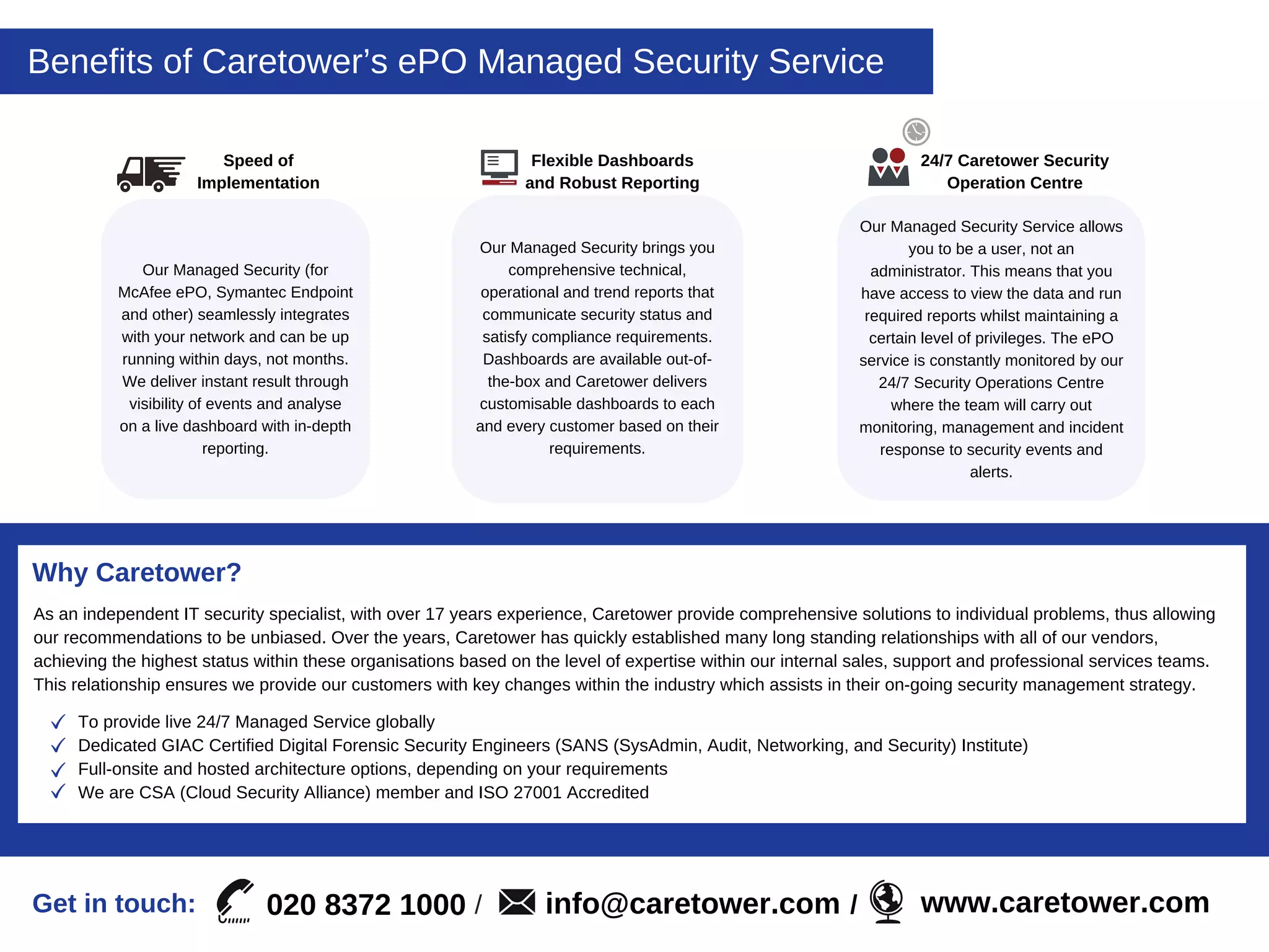 Benefits of Caretower’s ePO Managed Security Service
To provide live 24/7 Managed Service globally
Dedicated GIAC Certified Digital Forensic Security Engineers (SANS (SysAdmin, Audit, Networking, and Security) Institute)
Full-onsite and hosted architecture options, depending on your requirements
We are CSA (Cloud Security Alliance) member and ISO 27001 Accredited
Why Caretower?
Speed of
Implementation
Flexible Dashboards
and Robust Reporting
24/7 Caretower Security
Operation Centre
Our Managed Security (for
McAfee ePO, Symantec Endpoint
and other) seamlessly integrates
with your network and can be up
running within days, not months.
We deliver instant result through
visibility of events and analyse
on a live dashboard with in-depth
reporting.
Our Managed Security brings you
comprehensive technical,
operational and trend reports that
communicate security status and
satisfy compliance requirements.
Dashboards are available out-of-
the-box and Caretower delivers
customisable dashboards to each
and every customer based on their
requirements.
Our Managed Security Service allows
you to be a user, not an
administrator. This means that you
have access to view the data and run
required reports whilst maintaining a
certain level of privileges. The ePO
service is constantly monitored by our
24/7 Security Operations Centre
where the team will carry out
monitoring, management and incident
response to security events and
alerts.
Get in touch: 020 8372 1000 / info@caretower.com / www.caretower.com
As an independent IT security specialist, with over 17 years experience, Caretower provide comprehensive solutions to individual problems, thus allowing
our recommendations to be unbiased. Over the years, Caretower has quickly established many long standing relationships with all of our vendors,
achieving the highest status within these organisations based on the level of expertise within our internal sales, support and professional services teams.
This relationship ensures we provide our customers with key changes within the industry which assists in their on-going security management strategy.
 