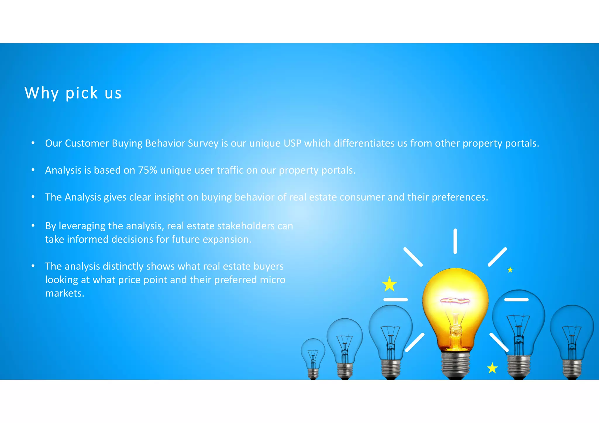 Why pick us
• Our Customer Buying Behavior Survey is our unique USP which differentiates us from other property portals.
• Analysis is based on 75% unique user traffic on our property portals.
• The Analysis gives clear insight on buying behavior of real estate consumer and their preferences.
• By leveraging the analysis, real estate stakeholders can
take informed decisions for future expansion.
• The analysis distinctly shows what real estate buyers
looking at what price point and their preferred micro
markets.
 