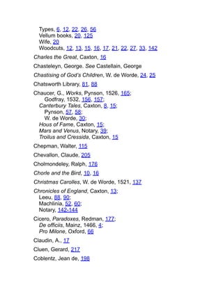 Types, 6, 12, 22, 26, 56
Vellum books, 20, 125
Wife, 20
Woodcuts, 12, 13, 15, 16, 17, 21, 22, 27, 33, 142
Charles the Great, Caxton, 16
Chasteleyn, George. See Castellain, George
Chastising of God’s Children, W. de Worde, 24, 25
Chatsworth Library, 81, 88
Chaucer, G., Works, Pynson, 1526, 165;
Godfray, 1532, 156, 157;
Canterbury Tales, Caxton, 8, 15;
Pynson, 57, 58;
W. de Worde, 30;
Hous of Fame, Caxton, 15;
Mars and Venus, Notary, 39;
Troilus and Cressida, Caxton, 15
Chepman, Walter, 115
Chevallon, Claude, 205
Cholmondeley, Ralph, 176
Chorle and the Bird, 10, 16
Christmas Carolles, W. de Worde, 1521, 137
Chronicles of England, Caxton, 13;
Leeu, 88, 90;
Machlinia, 52, 60;
Notary, 142-144
Cicero, Paradoxes, Redman, 177;
De officiis, Mainz, 1466, 4;
Pro Milone, Oxford, 66
Claudin, A., 17
Cluen, Gerard, 217
Coblentz, Jean de, 198
 