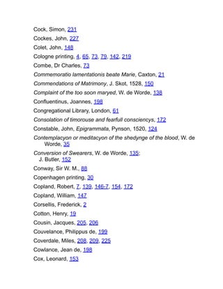 Cock, Simon, 231
Cockes, John, 227
Colet, John, 148
Cologne printing, 4, 65, 73, 79, 142, 219
Combe, Dr Charles, 73
Commemoratio lamentationis beate Marie, Caxton, 21
Commendations of Matrimony, J. Skot, 1528, 150
Complaint of the too soon maryed, W. de Worde, 138
Confluentinus, Joannes, 198
Congregational Library, London, 61
Consolation of timorouse and fearfull consciencys, 172
Constable, John, Epigrammata, Pynson, 1520, 124
Contemplacyon or meditacyon of the shedynge of the blood, W. de
Worde, 35
Conversion of Swearers, W. de Worde, 135;
J. Butler, 152
Conway, Sir W. M., 88
Copenhagen printing, 30
Copland, Robert, 7, 139, 146-7, 154, 172
Copland, William, 147
Corsellis, Frederick, 2
Cotton, Henry, 19
Cousin, Jacques, 205, 206
Couvelance, Philippus de, 199
Coverdale, Miles, 208, 209, 225
Cowlance, Jean de, 198
Cox, Leonard, 153
 