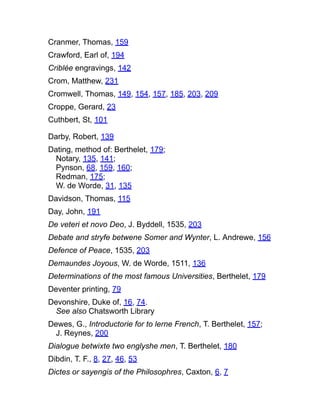 Cranmer, Thomas, 159
Crawford, Earl of, 194
Criblée engravings, 142
Crom, Matthew, 231
Cromwell, Thomas, 149, 154, 157, 185, 203, 209
Croppe, Gerard, 23
Cuthbert, St, 101
Darby, Robert, 139
Dating, method of: Berthelet, 179;
Notary, 135, 141;
Pynson, 68, 159, 160;
Redman, 175;
W. de Worde, 31, 135
Davidson, Thomas, 115
Day, John, 191
De veteri et novo Deo, J. Byddell, 1535, 203
Debate and stryfe betwene Somer and Wynter, L. Andrewe, 156
Defence of Peace, 1535, 203
Demaundes Joyous, W. de Worde, 1511, 136
Determinations of the most famous Universities, Berthelet, 179
Deventer printing, 79
Devonshire, Duke of, 16, 74.
See also Chatsworth Library
Dewes, G., Introductorie for to lerne French, T. Berthelet, 157;
J. Reynes, 200
Dialogue betwixte two englyshe men, T. Berthelet, 180
Dibdin, T. F., 8, 27, 46, 53
Dictes or sayengis of the Philosophres, Caxton, 6, 7
 