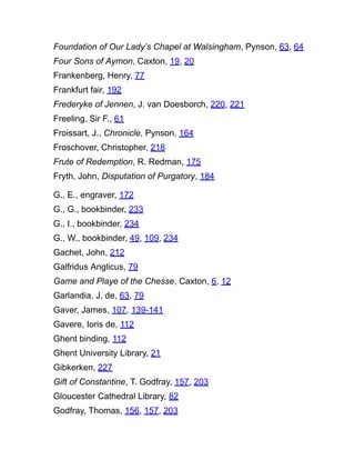 Foundation of Our Lady’s Chapel at Walsingham, Pynson, 63, 64
Four Sons of Aymon, Caxton, 19, 20
Frankenberg, Henry, 77
Frankfurt fair, 192
Frederyke of Jennen, J. van Doesborch, 220, 221
Freeling, Sir F., 61
Froissart, J., Chronicle, Pynson, 164
Froschover, Christopher, 218
Frute of Redemption, R. Redman, 175
Fryth, John, Disputation of Purgatory, 184
G., E., engraver, 172
G., G., bookbinder, 233
G., I., bookbinder, 234
G., W., bookbinder, 49, 109, 234
Gachet, John, 212
Galfridus Anglicus, 79
Game and Playe of the Chesse, Caxton, 6, 12
Garlandia, J. de, 63, 79
Gaver, James, 107, 139-141
Gavere, Ioris de, 112
Ghent binding, 112
Ghent University Library, 21
Gibkerken, 227
Gift of Constantine, T. Godfray, 157, 203
Gloucester Cathedral Library, 82
Godfray, Thomas, 156, 157, 203
 