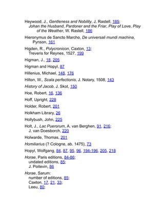 Heywood, J., Gentleness and Nobility, J. Rastell, 185;
Johan the Husband, Pardoner and the Friar, Play of Love, Play
of the Weather, W. Rastell, 186
Hieronymus de Sancto Marcho, De universali mundi machina,
Pynson, 161
Higden, R., Polycronicon, Caxton, 13;
Treveris for Reynes, 1527, 199
Higman, J., 18, 205
Higman and Hopyl, 87
Hillenius, Michael, 148, 176
Hilton, W., Scala perfectionis, J. Notary, 1508, 143
History of Jacob, J. Skot, 150
Hoe, Robert, 16, 136
Hoff, Upright, 228
Holder, Robert, 201
Holkham Library, 26
Hollybush, John, 225
Holt, J., Lac Puerorum, A. van Berghen, 91, 216;
J. van Doesborch, 220
Holwarde, Thomas, 201
Homiliarius (? Cologne, ab. 1475), 73
Hopyl, Wolfgang, 84, 87, 95, 96, 194-196, 205, 218
Horae, Paris editions, 84-86;
undated editions, 85;
J. Poitevin, 86
Horae, Sarum:
number of editions, 85;
Caxton, 17, 21, 33;
Leeu, 80;
 