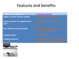 Features and benefits
Witricity’s Technology              Technology Benefit
Highly resonant strong coupling     High efficiency over distance

Energy transfer via magnetic near   Can penetrate and wrap around
field                               obstacles

Non radiative energy transfer       Safe for living beings and other
                                    environmental objects

Scalable design                     From Mw to kW

Flexible geometry                   Device that can fit into OEM (original
                                    equipment manufactures)products
 