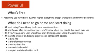 What’s Free
• Assuming you have Excel 2010 or higher everything except Sharepoint and Power BI libraries
What do I need to...