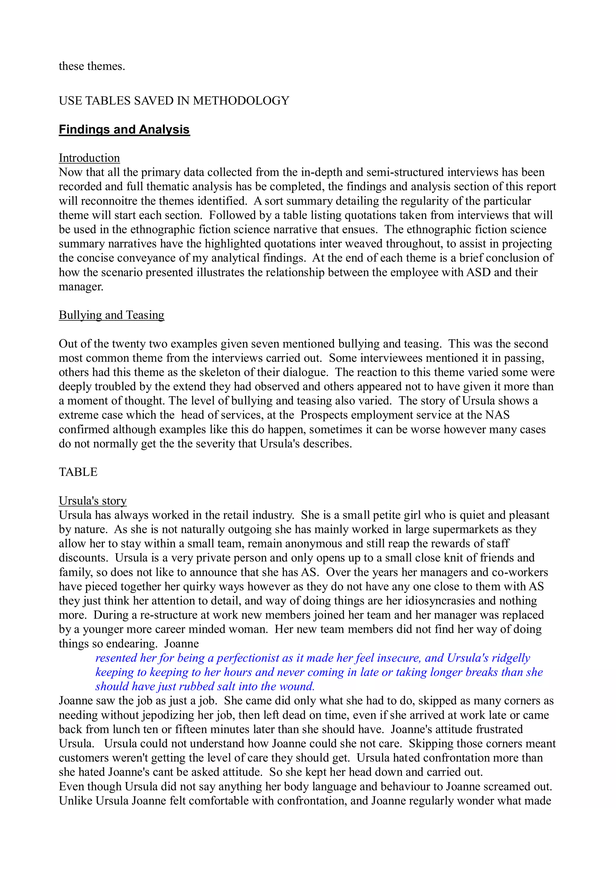 these themes.
USE TABLES SAVED IN METHODOLOGY
Findings and Analysis
Introduction
Now that all the primary data collected from the in-depth and semi-structured interviews has been
recorded and full thematic analysis has be completed, the findings and analysis section of this report
will reconnoitre the themes identified. A sort summary detailing the regularity of the particular
theme will start each section. Followed by a table listing quotations taken from interviews that will
be used in the ethnographic fiction science narrative that ensues. The ethnographic fiction science
summary narratives have the highlighted quotations inter weaved throughout, to assist in projecting
the concise conveyance of my analytical findings. At the end of each theme is a brief conclusion of
how the scenario presented illustrates the relationship between the employee with ASD and their
manager.
Bullying and Teasing
Out of the twenty two examples given seven mentioned bullying and teasing. This was the second
most common theme from the interviews carried out. Some interviewees mentioned it in passing,
others had this theme as the skeleton of their dialogue. The reaction to this theme varied some were
deeply troubled by the extend they had observed and others appeared not to have given it more than
a moment of thought. The level of bullying and teasing also varied. The story of Ursula shows a
extreme case which the head of services, at the Prospects employment service at the NAS
confirmed although examples like this do happen, sometimes it can be worse however many cases
do not normally get the the severity that Ursula's describes.
TABLE
Ursula's story
Ursula has always worked in the retail industry. She is a small petite girl who is quiet and pleasant
by nature. As she is not naturally outgoing she has mainly worked in large supermarkets as they
allow her to stay within a small team, remain anonymous and still reap the rewards of staff
discounts. Ursula is a very private person and only opens up to a small close knit of friends and
family, so does not like to announce that she has AS. Over the years her managers and co-workers
have pieced together her quirky ways however as they do not have any one close to them with AS
they just think her attention to detail, and way of doing things are her idiosyncrasies and nothing
more. During a re-structure at work new members joined her team and her manager was replaced
by a younger more career minded woman. Her new team members did not find her way of doing
things so endearing. Joanne
resented her for being a perfectionist as it made her feel insecure, and Ursula's ridgelly
keeping to keeping to her hours and never coming in late or taking longer breaks than she
should have just rubbed salt into the wound.
Joanne saw the job as just a job. She came did only what she had to do, skipped as many corners as
needing without jepodizing her job, then left dead on time, even if she arrived at work late or came
back from lunch ten or fifteen minutes later than she should have. Joanne's attitude frustrated
Ursula. Ursula could not understand how Joanne could she not care. Skipping those corners meant
customers weren't getting the level of care they should get. Ursula hated confrontation more than
she hated Joanne's cant be asked attitude. So she kept her head down and carried out.
Even though Ursula did not say anything her body language and behaviour to Joanne screamed out.
Unlike Ursula Joanne felt comfortable with confrontation, and Joanne regularly wonder what made
 