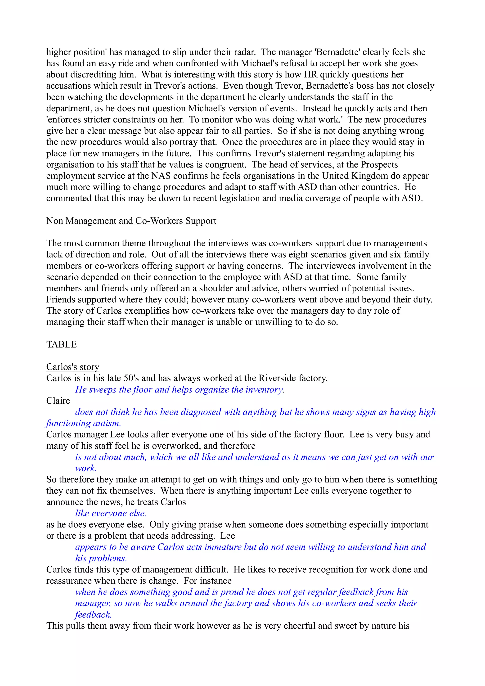 higher position' has managed to slip under their radar. The manager 'Bernadette' clearly feels she
has found an easy ride and when confronted with Michael's refusal to accept her work she goes
about discrediting him. What is interesting with this story is how HR quickly questions her
accusations which result in Trevor's actions. Even though Trevor, Bernadette's boss has not closely
been watching the developments in the department he clearly understands the staff in the
department, as he does not question Michael's version of events. Instead he quickly acts and then
'enforces stricter constraints on her. To monitor who was doing what work.' The new procedures
give her a clear message but also appear fair to all parties. So if she is not doing anything wrong
the new procedures would also portray that. Once the procedures are in place they would stay in
place for new managers in the future. This confirms Trevor's statement regarding adapting his
organisation to his staff that he values is congruent. The head of services, at the Prospects
employment service at the NAS confirms he feels organisations in the United Kingdom do appear
much more willing to change procedures and adapt to staff with ASD than other countries. He
commented that this may be down to recent legislation and media coverage of people with ASD.
Non Management and Co-Workers Support
The most common theme throughout the interviews was co-workers support due to managements
lack of direction and role. Out of all the interviews there was eight scenarios given and six family
members or co-workers offering support or having concerns. The interviewees involvement in the
scenario depended on their connection to the employee with ASD at that time. Some family
members and friends only offered an a shoulder and advice, others worried of potential issues.
Friends supported where they could; however many co-workers went above and beyond their duty.
The story of Carlos exemplifies how co-workers take over the managers day to day role of
managing their staff when their manager is unable or unwilling to to do so.
TABLE
Carlos's story
Carlos is in his late 50's and has always worked at the Riverside factory.
He sweeps the floor and helps organize the inventory.
Claire
does not think he has been diagnosed with anything but he shows many signs as having high
functioning autism.
Carlos manager Lee looks after everyone one of his side of the factory floor. Lee is very busy and
many of his staff feel he is overworked, and therefore
is not about much, which we all like and understand as it means we can just get on with our
work.
So therefore they make an attempt to get on with things and only go to him when there is something
they can not fix themselves. When there is anything important Lee calls everyone together to
announce the news, he treats Carlos
like everyone else.
as he does everyone else. Only giving praise when someone does something especially important
or there is a problem that needs addressing. Lee
appears to be aware Carlos acts immature but do not seem willing to understand him and
his problems.
Carlos finds this type of management difficult. He likes to receive recognition for work done and
reassurance when there is change. For instance
when he does something good and is proud he does not get regular feedback from his
manager, so now he walks around the factory and shows his co-workers and seeks their
feedback.
This pulls them away from their work however as he is very cheerful and sweet by nature his
 