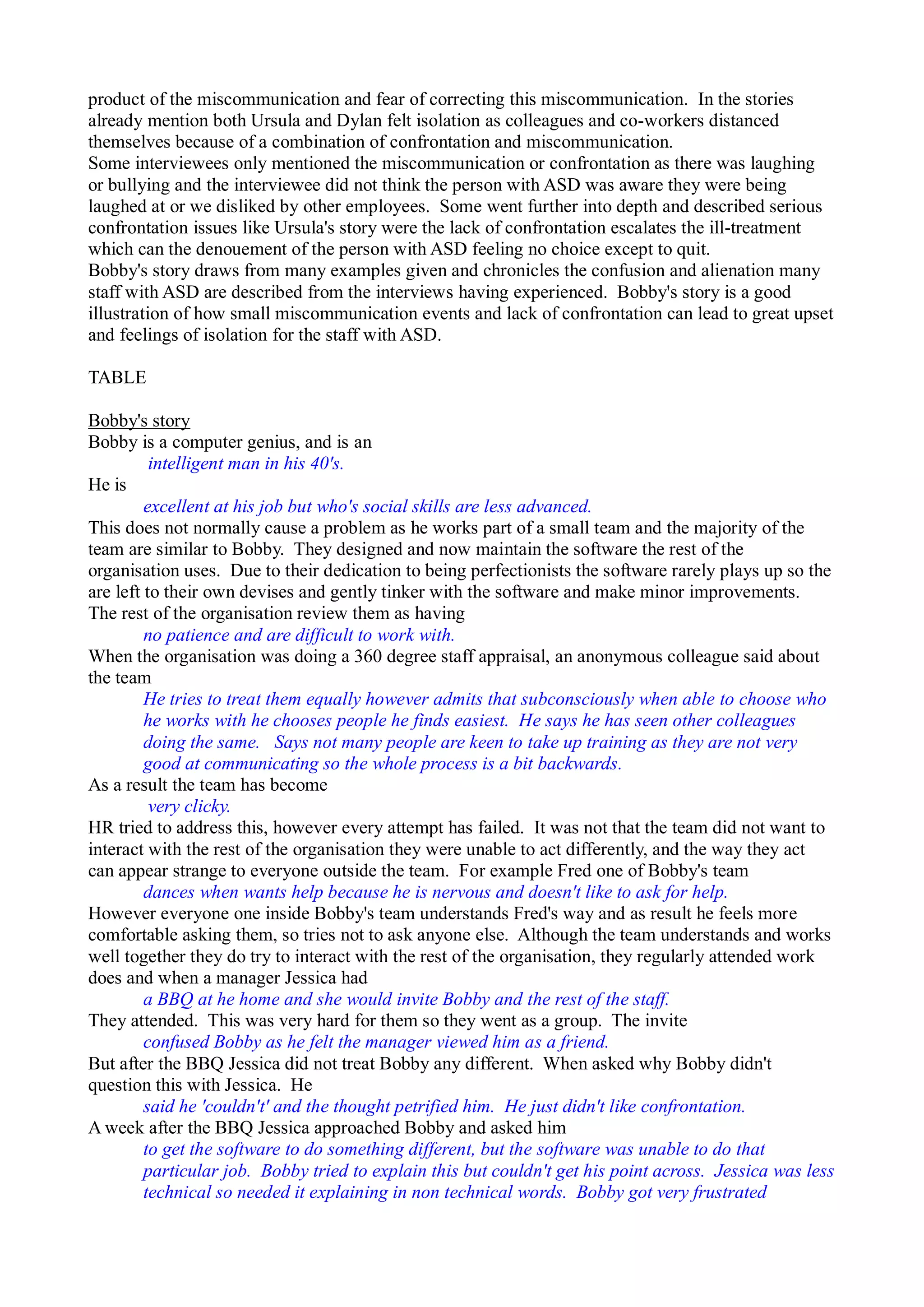 product of the miscommunication and fear of correcting this miscommunication. In the stories
already mention both Ursula and Dylan felt isolation as colleagues and co-workers distanced
themselves because of a combination of confrontation and miscommunication.
Some interviewees only mentioned the miscommunication or confrontation as there was laughing
or bullying and the interviewee did not think the person with ASD was aware they were being
laughed at or we disliked by other employees. Some went further into depth and described serious
confrontation issues like Ursula's story were the lack of confrontation escalates the ill-treatment
which can the denouement of the person with ASD feeling no choice except to quit.
Bobby's story draws from many examples given and chronicles the confusion and alienation many
staff with ASD are described from the interviews having experienced. Bobby's story is a good
illustration of how small miscommunication events and lack of confrontation can lead to great upset
and feelings of isolation for the staff with ASD.
TABLE
Bobby's story
Bobby is a computer genius, and is an
intelligent man in his 40's.
He is
excellent at his job but who's social skills are less advanced.
This does not normally cause a problem as he works part of a small team and the majority of the
team are similar to Bobby. They designed and now maintain the software the rest of the
organisation uses. Due to their dedication to being perfectionists the software rarely plays up so the
are left to their own devises and gently tinker with the software and make minor improvements.
The rest of the organisation review them as having
no patience and are difficult to work with.
When the organisation was doing a 360 degree staff appraisal, an anonymous colleague said about
the team
He tries to treat them equally however admits that subconsciously when able to choose who
he works with he chooses people he finds easiest. He says he has seen other colleagues
doing the same. Says not many people are keen to take up training as they are not very
good at communicating so the whole process is a bit backwards.
As a result the team has become
very clicky.
HR tried to address this, however every attempt has failed. It was not that the team did not want to
interact with the rest of the organisation they were unable to act differently, and the way they act
can appear strange to everyone outside the team. For example Fred one of Bobby's team
dances when wants help because he is nervous and doesn't like to ask for help.
However everyone one inside Bobby's team understands Fred's way and as result he feels more
comfortable asking them, so tries not to ask anyone else. Although the team understands and works
well together they do try to interact with the rest of the organisation, they regularly attended work
does and when a manager Jessica had
a BBQ at he home and she would invite Bobby and the rest of the staff.
They attended. This was very hard for them so they went as a group. The invite
confused Bobby as he felt the manager viewed him as a friend.
But after the BBQ Jessica did not treat Bobby any different. When asked why Bobby didn't
question this with Jessica. He
said he 'couldn't' and the thought petrified him. He just didn't like confrontation.
A week after the BBQ Jessica approached Bobby and asked him
to get the software to do something different, but the software was unable to do that
particular job. Bobby tried to explain this but couldn't get his point across. Jessica was less
technical so needed it explaining in non technical words. Bobby got very frustrated
 