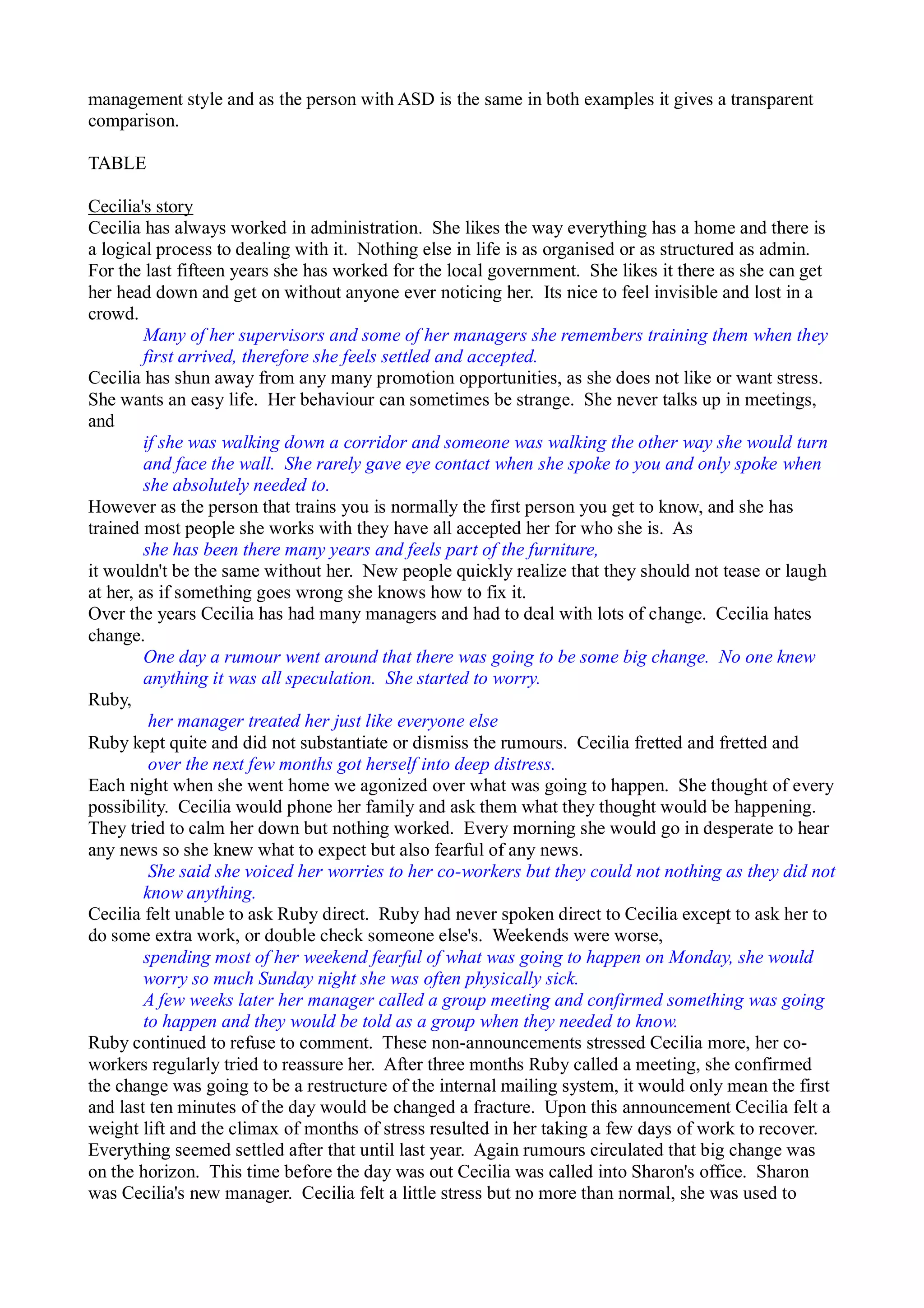 management style and as the person with ASD is the same in both examples it gives a transparent
comparison.
TABLE
Cecilia's story
Cecilia has always worked in administration. She likes the way everything has a home and there is
a logical process to dealing with it. Nothing else in life is as organised or as structured as admin.
For the last fifteen years she has worked for the local government. She likes it there as she can get
her head down and get on without anyone ever noticing her. Its nice to feel invisible and lost in a
crowd.
Many of her supervisors and some of her managers she remembers training them when they
first arrived, therefore she feels settled and accepted.
Cecilia has shun away from any many promotion opportunities, as she does not like or want stress.
She wants an easy life. Her behaviour can sometimes be strange. She never talks up in meetings,
and
if she was walking down a corridor and someone was walking the other way she would turn
and face the wall. She rarely gave eye contact when she spoke to you and only spoke when
she absolutely needed to.
However as the person that trains you is normally the first person you get to know, and she has
trained most people she works with they have all accepted her for who she is. As
she has been there many years and feels part of the furniture,
it wouldn't be the same without her. New people quickly realize that they should not tease or laugh
at her, as if something goes wrong she knows how to fix it.
Over the years Cecilia has had many managers and had to deal with lots of change. Cecilia hates
change.
One day a rumour went around that there was going to be some big change. No one knew
anything it was all speculation. She started to worry.
Ruby,
her manager treated her just like everyone else
Ruby kept quite and did not substantiate or dismiss the rumours. Cecilia fretted and fretted and
over the next few months got herself into deep distress.
Each night when she went home we agonized over what was going to happen. She thought of every
possibility. Cecilia would phone her family and ask them what they thought would be happening.
They tried to calm her down but nothing worked. Every morning she would go in desperate to hear
any news so she knew what to expect but also fearful of any news.
She said she voiced her worries to her co-workers but they could not nothing as they did not
know anything.
Cecilia felt unable to ask Ruby direct. Ruby had never spoken direct to Cecilia except to ask her to
do some extra work, or double check someone else's. Weekends were worse,
spending most of her weekend fearful of what was going to happen on Monday, she would
worry so much Sunday night she was often physically sick.
A few weeks later her manager called a group meeting and confirmed something was going
to happen and they would be told as a group when they needed to know.
Ruby continued to refuse to comment. These non-announcements stressed Cecilia more, her co-
workers regularly tried to reassure her. After three months Ruby called a meeting, she confirmed
the change was going to be a restructure of the internal mailing system, it would only mean the first
and last ten minutes of the day would be changed a fracture. Upon this announcement Cecilia felt a
weight lift and the climax of months of stress resulted in her taking a few days of work to recover.
Everything seemed settled after that until last year. Again rumours circulated that big change was
on the horizon. This time before the day was out Cecilia was called into Sharon's office. Sharon
was Cecilia's new manager. Cecilia felt a little stress but no more than normal, she was used to
 