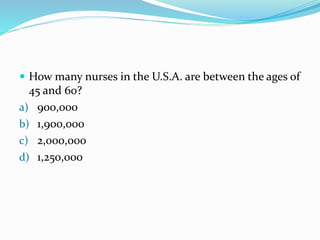  How many nurses in the U.S.A. are between the ages of
45 and 60?
a) 900,000
b) 1,900,000
c) 2,000,000
d) 1,250,000
 