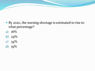  By 2020, the nursing shortage is estimated to rise to
what percentage?
a) 16%
b) 29%
c) 34%
d) 19%
 