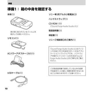 1
 本体 1）
   （                   ソニー単3形アルカリ乾電池 2）
                                    （

                       ハンドストラップ 1）
                               （

                       CD-ROM（1）
                       （ Sound Forge Audio Studio LE」
                        「                            ）

                       取扱説明書 1）
                            （
     表示窓に貼られているフィルムを
     剥がしてお使いください。
                       保証書 1）
                          （
 リモコン 1）
     （
                       ソニーご相談窓口のご案内 1）
                                  （



                       「Sound Forge Audio Studio LE」はパソコ
                        ンでの加工やCD作成をサポートするアプリ
 ACパワーアダプター（3V）1）
              （         ケーションソフトウェアです。ソフトウェ
                        アの紹介とインストールの方法は Sound     「
                        Forge Audio Studio LEのご案内」  をご覧く
                        ださい。



                        この取扱説明書で説明している以外の変更
                        や改造を行った場合、本機を使用できなくな
 USBケーブル 1）
        （               ることがありますので、ご注意ください。




10
 