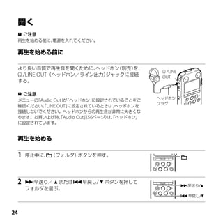  ご注意
 再生を始める前に、電源を入れてください。




 より良い音質で再生音を聞くために、    ヘッドホン（別売）を、
                                          /LINE
  /LINE OUT（ヘッドホン／ライン出力）ジャックに接続         OUT
 する。

  ご注意
                                        ヘッドホン
 メニューの Audio Out」「ヘッドホン」
      「          が       に設定されていることをご
                                        プラグ
 確認ください。LINE OUT」
        「          に設定されているときは、ヘッドホンを
 接続しないでください。ヘッドホンからの再生音が非常に大きくな
 ります。お買い上げ時、Audio Out」56ページ） 「ヘッドホン」
               「       （     は、
 に設定されています。




 1   停止中に、 （フォルダ）ボタンを押す。




 2   早送り／  または早戻し/  ボタンを押して
                                                   早送り/
     フォルダを選ぶ。
                                                   早戻し/




 