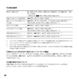 その他の操作

 再生を一時停止する           一時停止ボタンを押す。解除するには再度押す。または 再生 ／決定
                    ボタンを押す。
                    一時停止中は、   （再生一時停止）表示が点滅します。
 今聞いているトラックの頭に戻る    早戻し/  ボタンを短く1回押す。＊1
 前のトラック、さらに前のトラッ 早戻し/  ボタンを短く押す。さらに戻るには短く何回か押す。＊2
 クに戻る            （停止中は押したままにすると、連続して戻ります。＊3）
 次のトラックに進む          早送り／ ボタンを短く1回押す。＊1

 さらに次のトラックに進む        早送り／ ボタンを短く何回か押す。＊2
                    （停止中は押したままにすると、連続して進みます。＊3）
 早送り再生する（キュー）       再生中に、早送り／ ボタンを押したままにする。＊4

 早戻し再生する（レビュー）      再生中に、早戻し/  ボタンを押したままにする。＊4

 ＊1
      トラックマークが設定されている場合は、 前後のトラックマークの位置まで戻り、または進みます 58ページ）
                                                   （      。
 ＊2
      メニュー の「イージーサーチ」「オフ」
                     が   に設定されている場合の操作です 74ページ）
                                        （      。
 ＊3
      トラックマークには止まりません。
 ＊4
      ボタンを押し続けると、 最初は少しずつ早送り、早戻しされます。しばらくそのままにすると段階的に高速
      で早送り、早戻しされます。

  聞きたいところをすばやく探すには  （イージーサーチ機能）
 メニューの中で 「イージーサーチ」「オン」
                  を   に設定しておくと、再生中に 早戻し/  ボタンを1回押
 すごとに約3秒前、早送り／  ボタンを1回押すごとに約10秒先を早戻し、
                                      早送りして聞くことが
 できます 48ページ）
     （      。

  本機で再生できるトラック
 本機で録音したLPCM（WAV）    またはMP3ファイルのほか、パソコンなどからコピーしたWMA、
 AAC-LC（m4a） MP3、LPCM（WAV）
            、             ファイルも再生可能です。





 