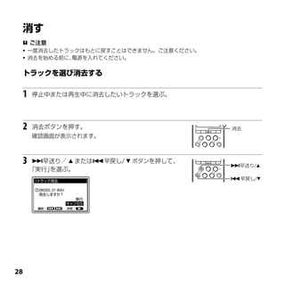  ご注意
  一度消去したトラックはもとに戻すことはできません。ご注意ください。
  消去を始める前に、電源を入れてください。




 1   停止中または再生中に消去したいトラックを選ぶ。




 2   消去ボタンを押す。                         消去
     確認画面が表示されます。



 3   早送り／  または早戻し/  ボタンを押して、
                                       早送り/
     「実行」を選ぶ。
                                       早戻し/





 