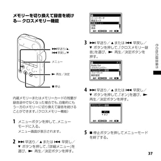 3    早送り／  または  早戻し／




                                                         その他の録音操作
               早送り/、         ボタンを押して、クロスメモリー録
                                        「
               早戻し/         音」を選び、 再生／決定ボタンを
                              押す。
               メニュー



                再生／決定



                停止
                          4    早送り／  または  早戻し／
                               ボタンを押して、オン」
                                        「   を選び、
内蔵メモリーまたはメモリーカードの残量が          再生／決定ボタンを押す。
録音途中でなくなった場合でも、自動的にも
う一方のメモリーに切り換えて録音を続ける
ことができます。クロスメモリー機能）
       （


1   メニューボタンを押して、メニュー
    モードに入る。
    メニュー画面が表示されます。
                          5    停止ボタンを押してメニューモード
                              を終了する。
2    早送り／  または  早戻し／
     ボタンを押して、詳細メニュー」
              「       を
    選び、 再生／決定ボタンを押す。
                                                    
 