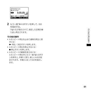 2   もう一度 A-Bボタンを押して、 点
                    B
    を指定する。
    「 A-B」が表示されて、指定した区間が繰




                                 その他の再生操作
     り返し再生されます。

その他の操作
   A-Bリピート再生を止めて通常の再生に戻
    すには：　
     再生／決定ボタンを押します。
   A-Bリピート再生を停止するには：
     停止ボタンを押します。
   A-Bリピートの範囲を変えるには：
    A-Bリピート再生中にもう一度 A-Bボタ
    ンを押すと、 手順1に戻り、新しいA点が設
    定されます。手順2に従ってB点を指定し
    ます。




                            1
 