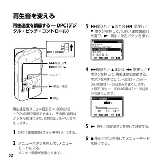 DPC       3   早送り／  または  早戻し／
                                ボタンを押して、DPC
                                        「  （速度調節）」
                               を選び、 再生／決定ボタンを押す。




              早戻し/、
              早送り/
                           4   早送り／  または  早戻し／ 
              メニュー             ボタンを押して、
                                      再生速度を調節する。
                               ボタンを押すごとに、   －設定（－75% ～

               再生／決定
                               0%）の間は「－5%」 刻みで遅くします。
                               ＋設定 0% ～ 100%）
                                   （         の間は「＋10%」刻
                               みで速くします。
               停止



 再生速度をメニュー設定で＋100％から
 －75％の間で調節できます。その際、音程は
 デジタル処理により、自然に近いレベルで再
 生します。
                           5    再生／決定ボタンを押して決定する。
 1     （速度調節）
     DPC     スイッチを
                 「入」にする。
                           6    停止ボタンを押してメニューモード
 2   メニューボタンを押して、メニュー          を終了する。
     モードに入る。
     メニュー画面が表示されます。

 