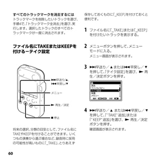 すべてのトラックマークを消去するには            保存しておくものに _KEEP」
                                        「      を付けておくと
 トラックマークを削除したいトラックを選び、         便利です。
 手順4で、トラックマーク全消去」
     「           を選び、実
 行します。選択したトラックのすべてのト
 ラックマークが一度に消去されます。
                               1   ファイル名に _TAKE」
                                         「     または _KEEP」
                                                  「
                                   を付けたいトラックを表示する。


          TAKE          KEEP   2   メニューボタンを押して、メニュー
                                   モードに入る。
                                   メニュー画面が表示されます。


                               3   早送り／  または早戻し／ 
                                   を押して、テイク設定」
                                       「      を選び、 再
                                   生／決定ボタンを押す。
                 早送り/、
                 早戻し/


                 メニュー



                  再生／決定

                               4    早送り／  または早戻し／ 
                                    を押して、ﾞTAKEﾞ追加」
                                          「       または
                  停止
                                   「ﾞKEEPﾞ追加」を選び、 再生／決定
                                    ボタンを押す。
 将来の選択、   分類の目安として、ファイル名に          確認画面が表示されます。
 TAKEやKEEPを付けることができます。いく
 つもの演奏から選ぶ場合など、   録音時に採用
 の可能性が高いものに _TAKE」とりあえず
              「   、


0
 